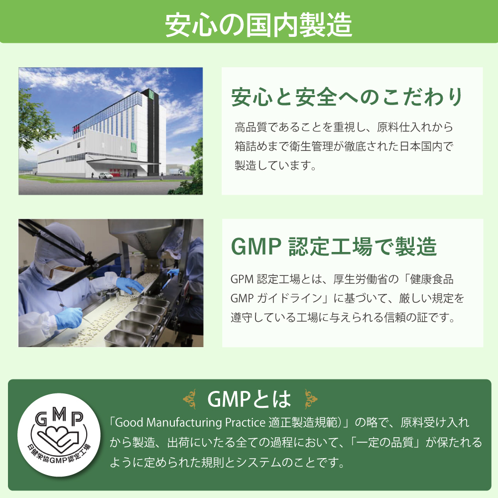 アイナチュラ社ナイスパックは国内のGMP認定工場で作られた安心の健康補助食品です