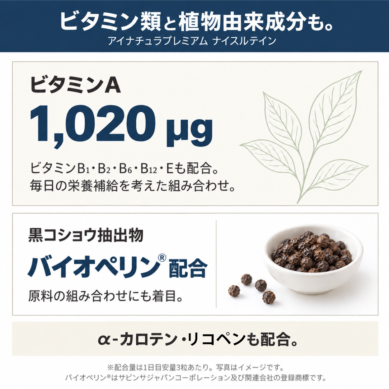 アイナチュラプレミアム ナイスルテインのビタミン類と植物由来成分を紹介。ビタミンA、B群、E、黒コショウ抽出物バイオペリン、α-カロテン、リコペンを配合