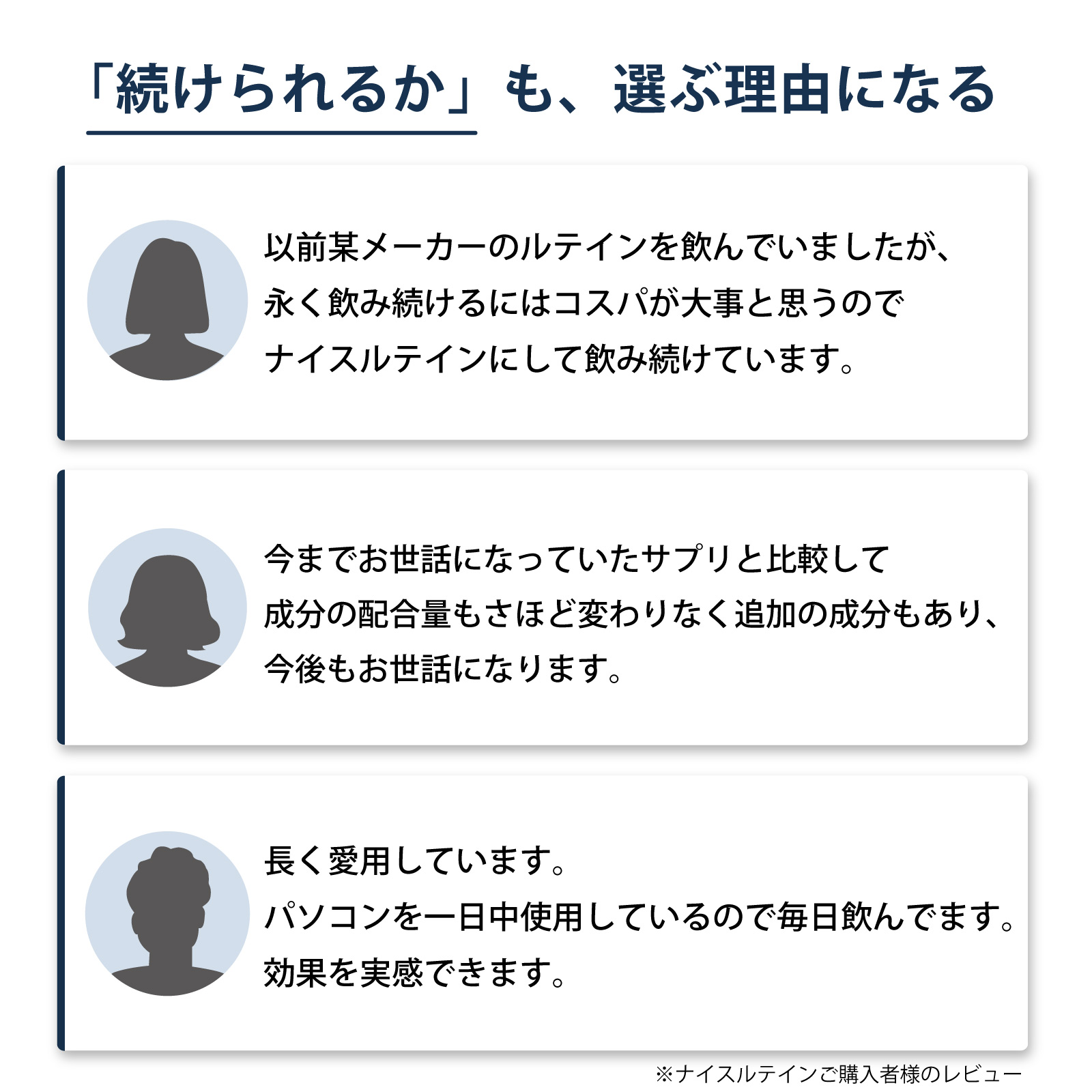 アイナチュラプレミアム ナイスルテイン購入者のレビューを紹介。他社ルテインサプリからの乗り換えや、コスト、成分、長期愛用についての声を掲載