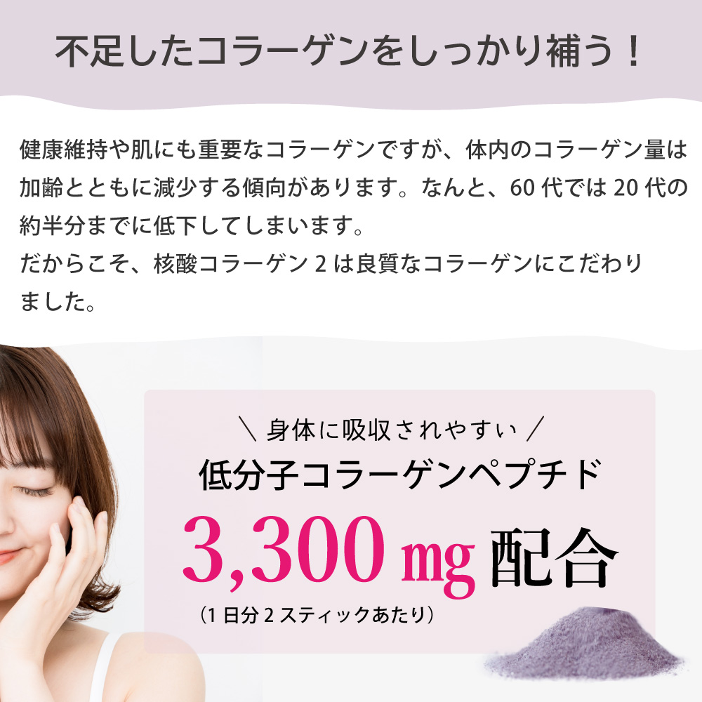 不足しがちなコラーゲンを手軽に補給できるアイナチュラ社核酸コラーゲン2がおすすめです