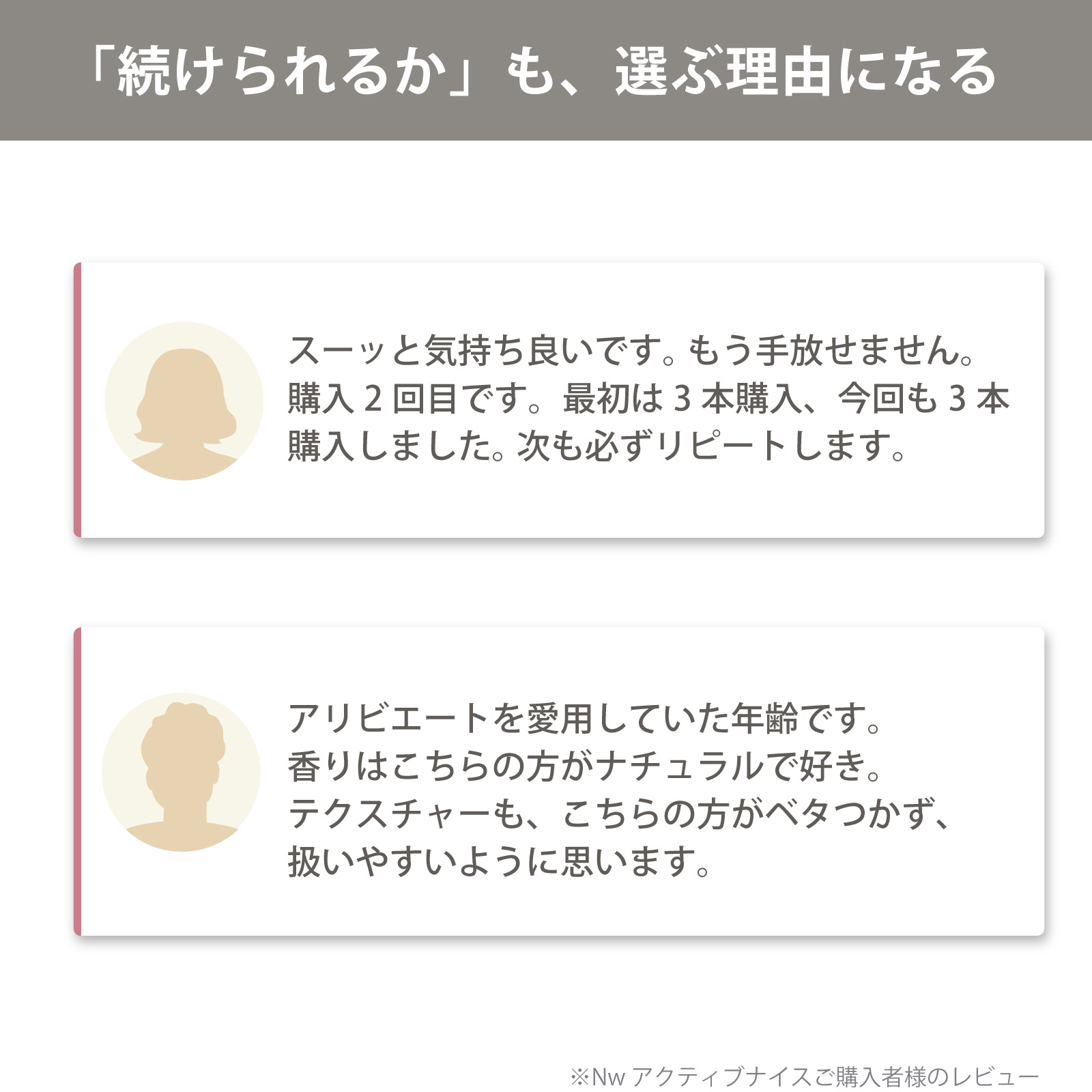 アイナチュラ社Nw アクティブナイスをご購入いただいた方からこんなお声をいただいています