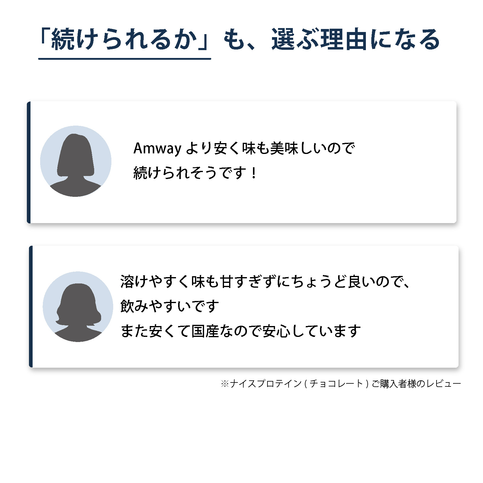 アイナチュラプレミアム ナイスプロテイン チョコレートの購入者レビュー。アムウェイのプロテインから変更した方の感想や、甘さ、溶けやすさ、飲みやすさ、国産であることについて寄せられた声を紹介