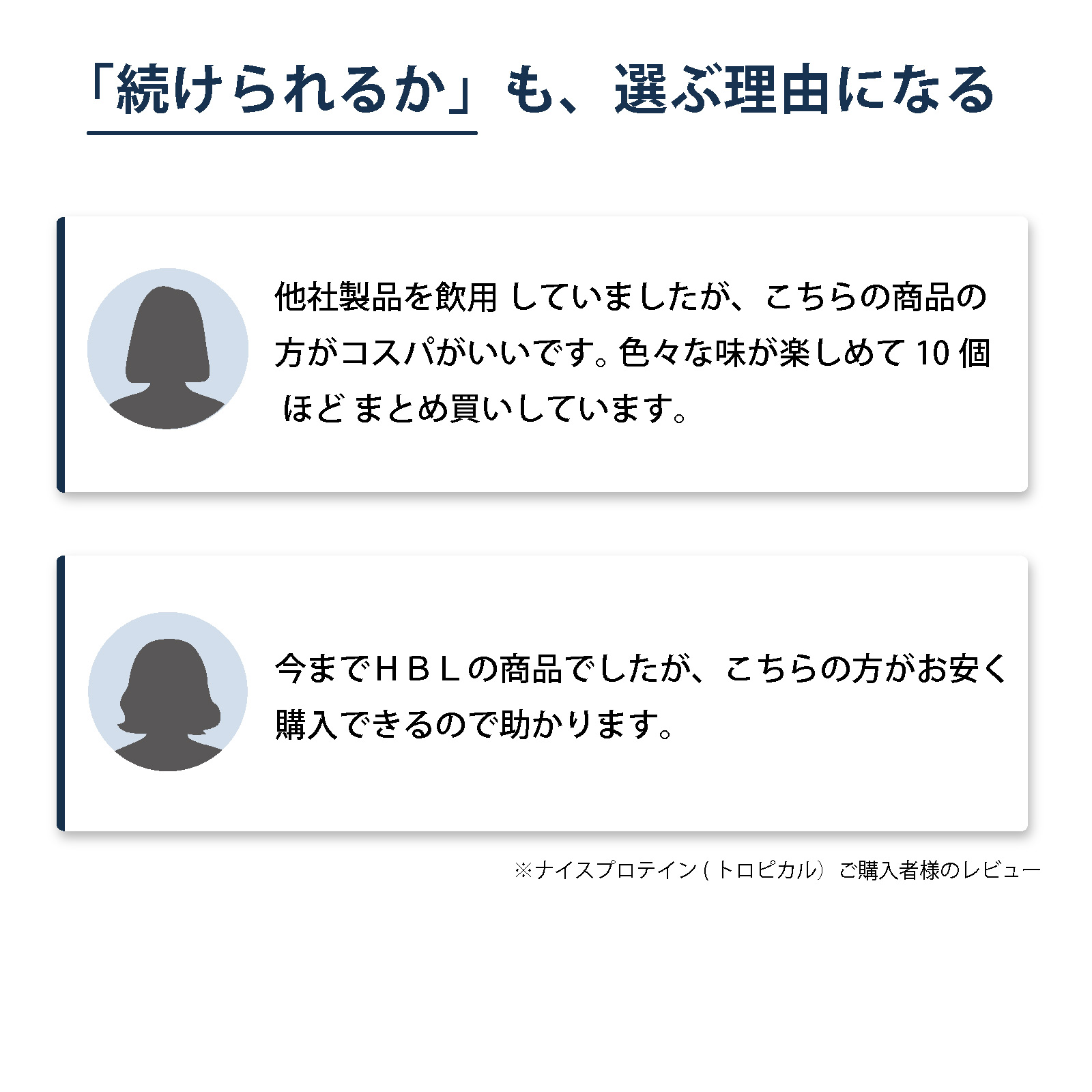 アイナチュラプレミアム ナイスプロテイン（トロピカル）の購入者レビュー。他社プロテインからの乗り換えや、価格の続けやすさ、複数の味を楽しめる点についての口コミを掲載した画像