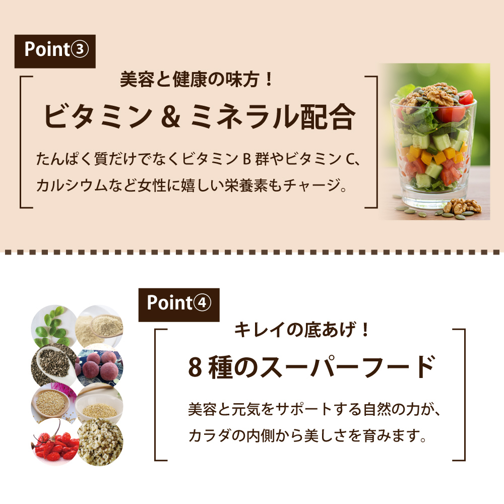 ナイスプロテイン（ミルクティー）のポイント3「ビタミン＆ミネラル配合」ポイント4「8種のスーパーフード配合」