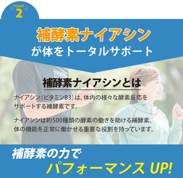 補酵素ナイアシンが心と身体をサポートし、身体機能の維持でパフォーマンスUPを実現。ナイアシンは約500種類の酵素を助け、体の機能を正常に保つ重要な役割を担います。