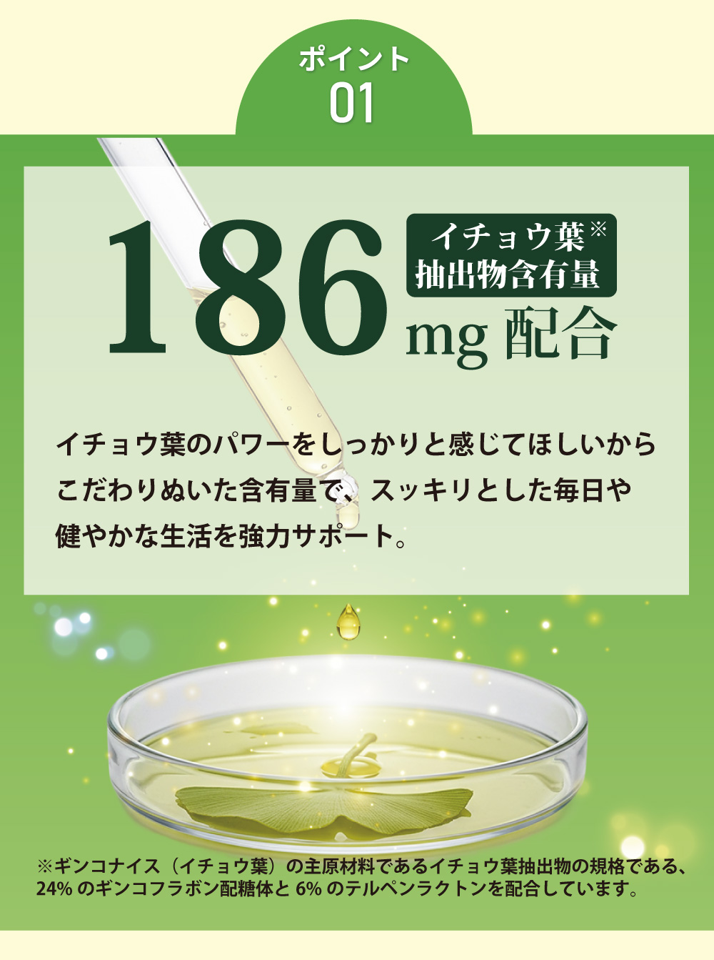 イチョウ葉のパワーをしっかりと感じてほしいから、こだわりぬいた含有量で、スッキリとした毎日や健やかな生活を強力サポート。