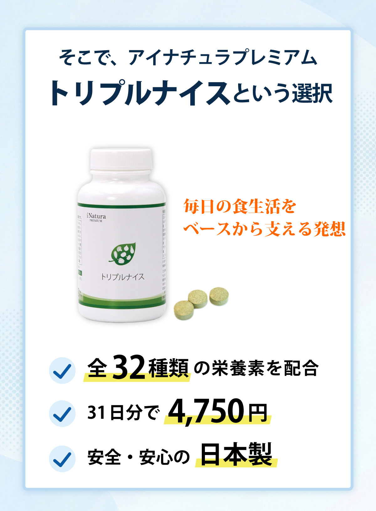 アイナチュラプレミアム「トリプルナイス」は、毎日の食生活をサポートする“ベースサプリ”として考えられた商品です。24種のビタミンミネラル、7種のファイトケミカル抽出物