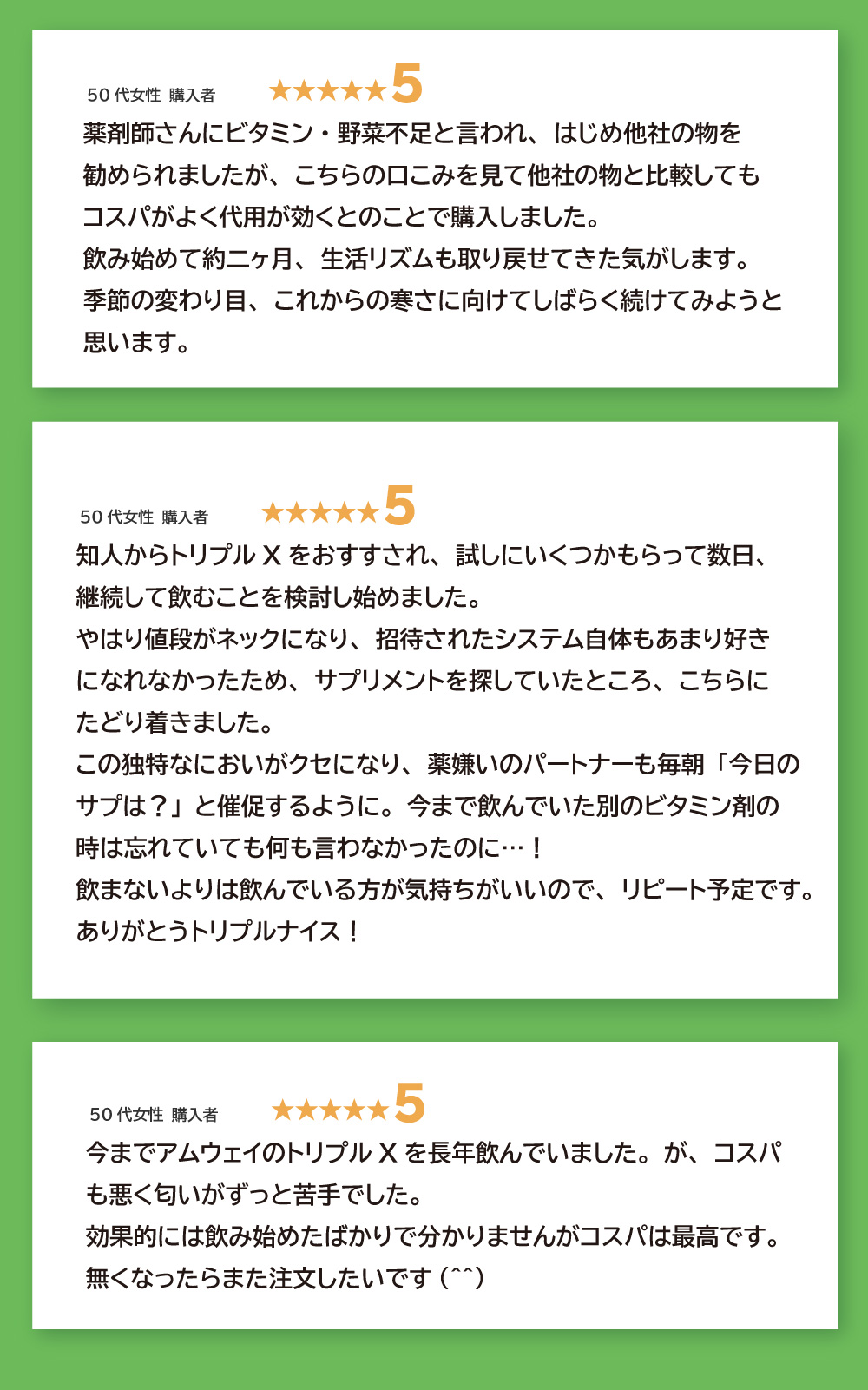 50代女性購入者からの高評価レビュー。ビタミン・野菜不足を補うためにトリプルナイスを購入し、生活リズムが改善。コスパ良好で継続しやすいと好評。効果を実感し、リピート予定との声が続出。
