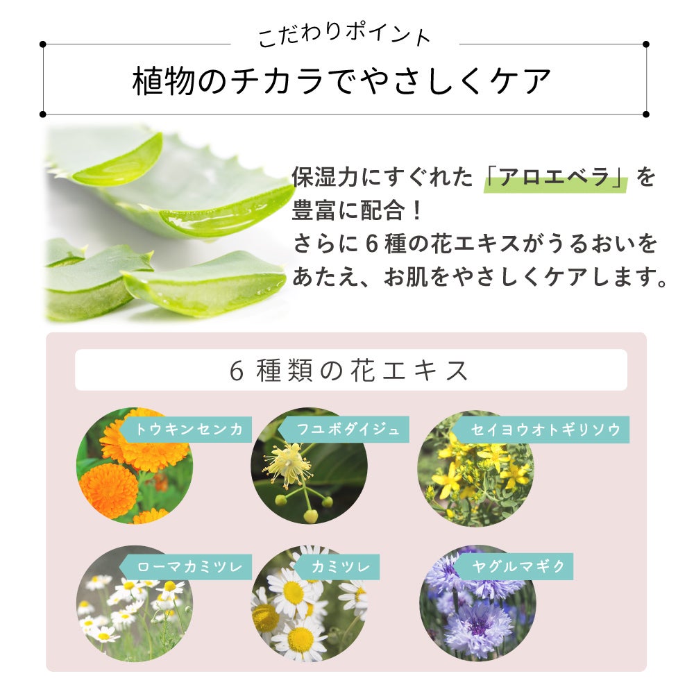 アイナチュラプレミアム Ns ボディウォッシュジェルに、保湿成分アロエベラ液汁と6種類の花エキスを配合。トウキンセンカ、フユボダイジュ、セイヨウオトギリソウ、ローマカミツレ、カミツレ、ヤグルマギクなどの植物由来成分で肌をやさしく整える