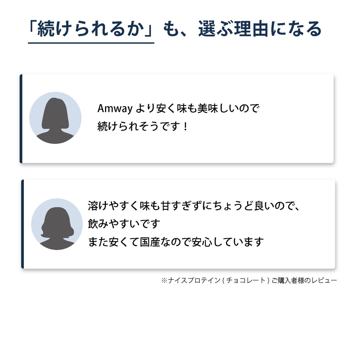 アイナチュラプレミアム ナイスプロテイン チョコレートの購入者レビュー。アムウェイのプロテインから変更した方の感想や、甘さ、溶けやすさ、飲みやすさ、国産であることについて寄せられた声を紹介