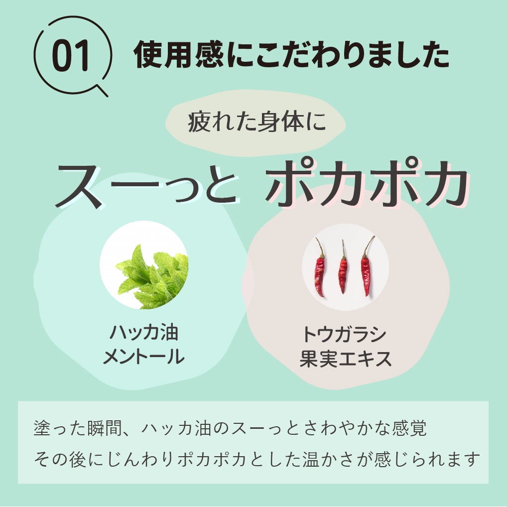 アイナチュラプレミアム Nw アクティブナイスの使用感を紹介。ハッカ油とメントールによるすーっと爽やかな感覚のあと、トウガラシ果実エキスによるじんわりとした温かさを感じるマッサージクリーム