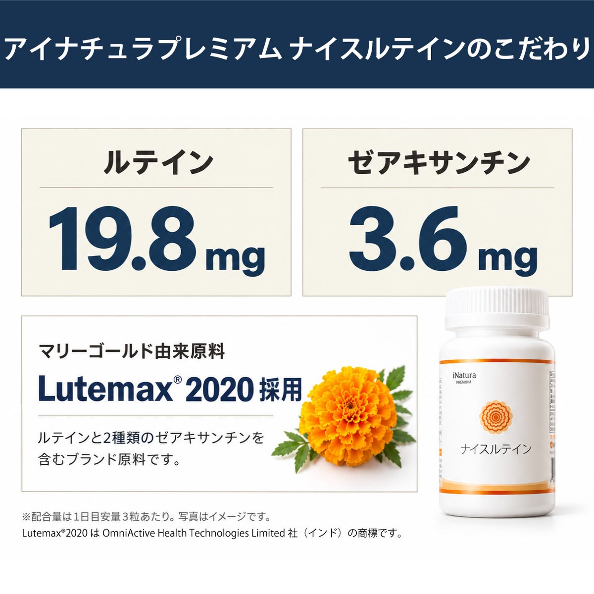 アイナチュラプレミアム ナイスルテインの主要成分を紹介。ルテイン19.8mg、ゼアキサンチン3.6mgと、マリーゴールド由来原料Lutemax 2020の採用を説明